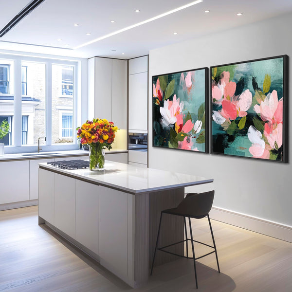 Extra Large Pair Abstract Floral Framed Canvas Art Pink Green