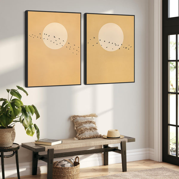 Japandi Framed Canvas Pictures Birds Moon Framed Set of 2