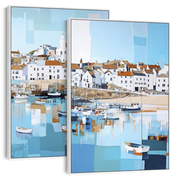 Large Set of 2 Coastal Wall Art - Framed Pair - Cornish Harbour Canvases