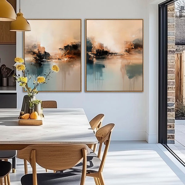 Large Teal Blue Warmth - Set of 2 Framed Abstract Canvases