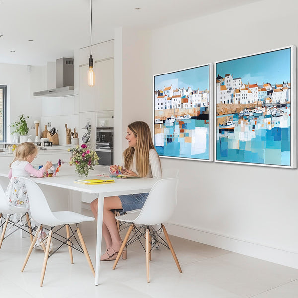 Extra Large Cornwall Harbour Framed Wall Art - Coastal Set of 2 Canvases in Blue