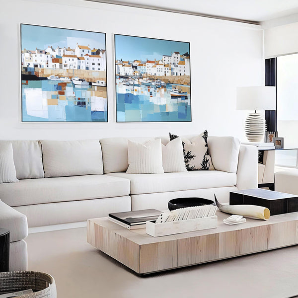Extra Large Cornwall Harbour Framed Wall Art - Coastal Set of 2 Canvases in Blue