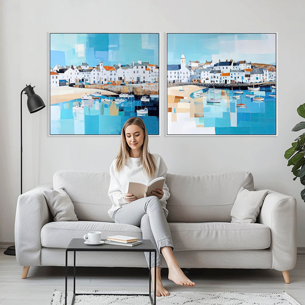 Huge Oversized Framed Wall Art - Cornish Harbour Set of 2 Canvases in Blue