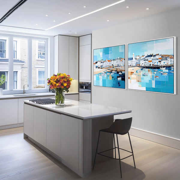 Huge Oversized Framed Wall Art - Cornish Harbour Set of 2 Canvases in Blue