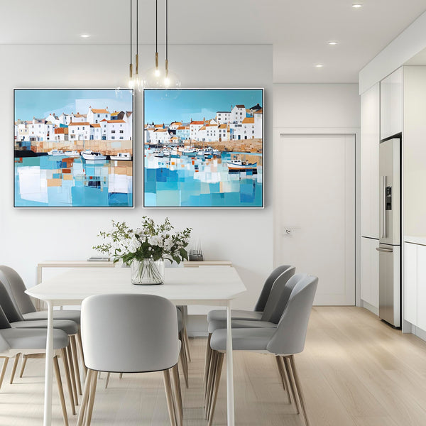 Extra Large Cornwall Harbour Framed Wall Art - Coastal Set of 2 Canvases in Blue
