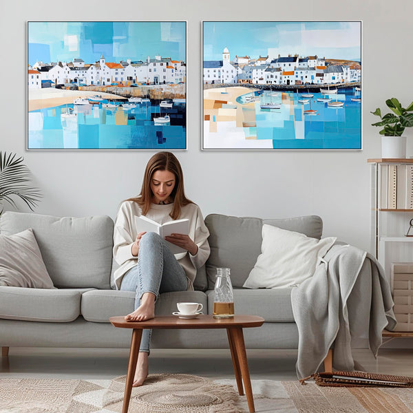 Huge Oversized Framed Wall Art - Cornish Harbour Set of 2 Canvases in Blue