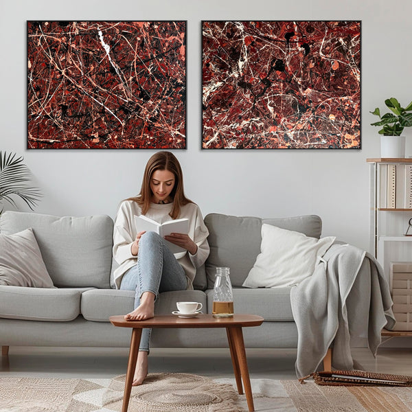 Extra Large Framed Abstract Canvas Pair - Maroon Red Set of 2