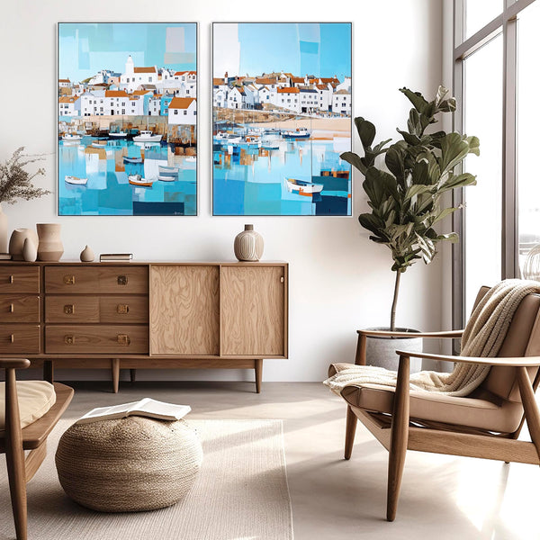 Large Set of 2 Coastal Wall Art - Framed Pair - Cornish Harbour Canvases