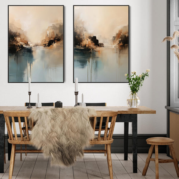 Large Pair Abstract Canvas - Teal Moments - Set of 2 Framed