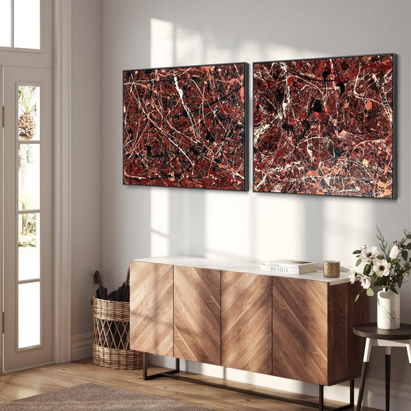 Extra Large Framed Abstract Canvas Pair - Maroon Red Set of 2