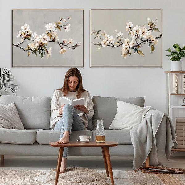 Extra Large Neutral Cream Scandi Framed Pair Canvas Art set 2
