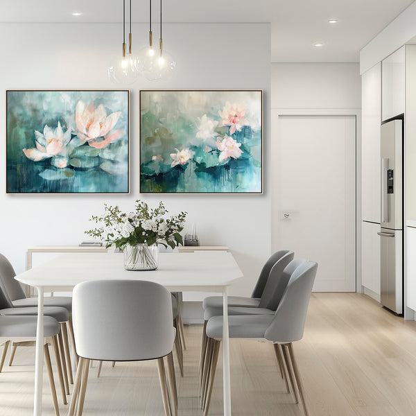 Extra Large Pair Framed Canvas Art - Floral Set 2 Pink Green