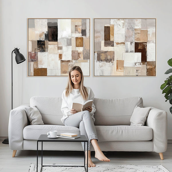 Extra Large Oversized Framed Pair Canvases - Neutral Warmth