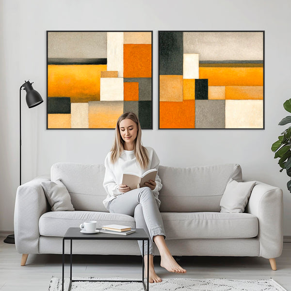 Extra Large Mustard Yellow Orange Pair of Abstract Artwork Framed Set of 2 - Ochre Symmetry
