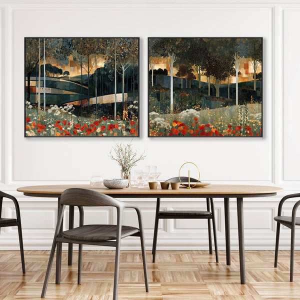 Extra Large Gustav Klimt Inspired Set 2 Framed Canvas - Poppies