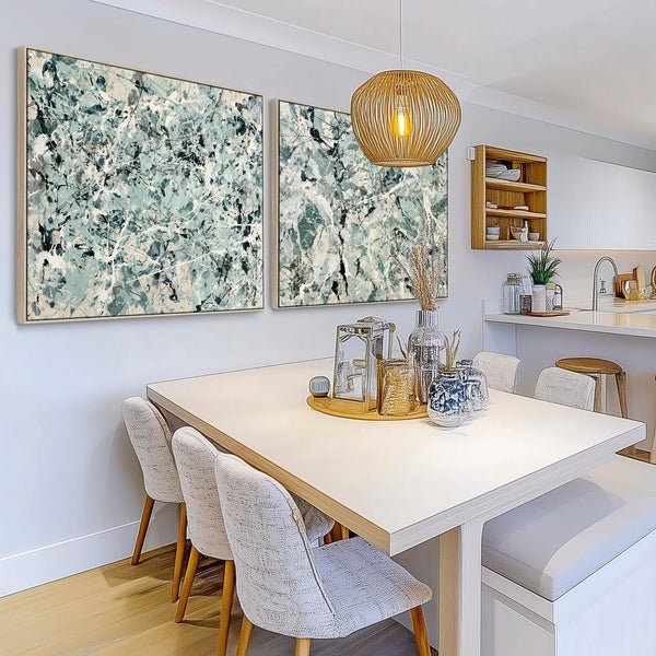 Pair Framed Canvases Sage Green Set 2 Jackson Pollock Inspired