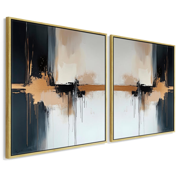 Extra Large Framed Abstract Pair Canvas - Black Gold Panorama