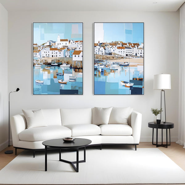 Large Set of 2 Coastal Wall Art - Framed Pair - Cornish Harbour Canvases