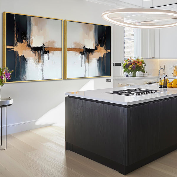 Extra Large Framed Abstract Pair Canvas - Black Gold Panorama