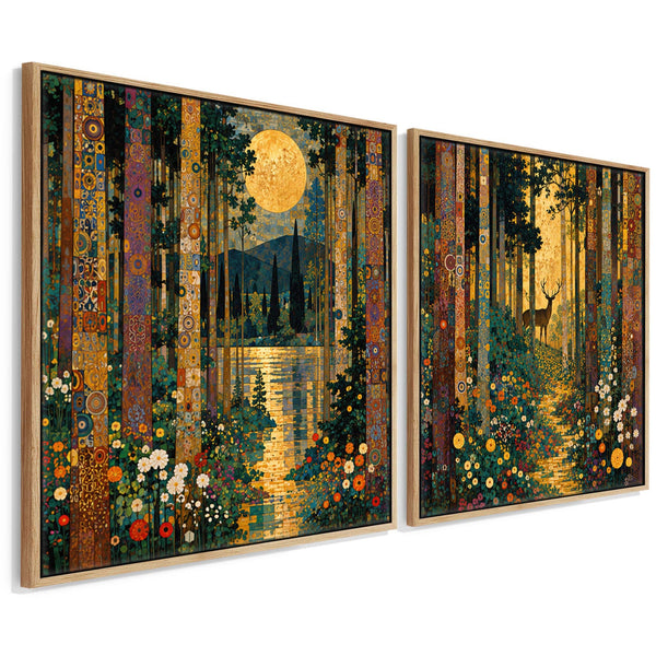 Set 2 Gustav Klimt inspired Framed Art Canvases Forest Pathway