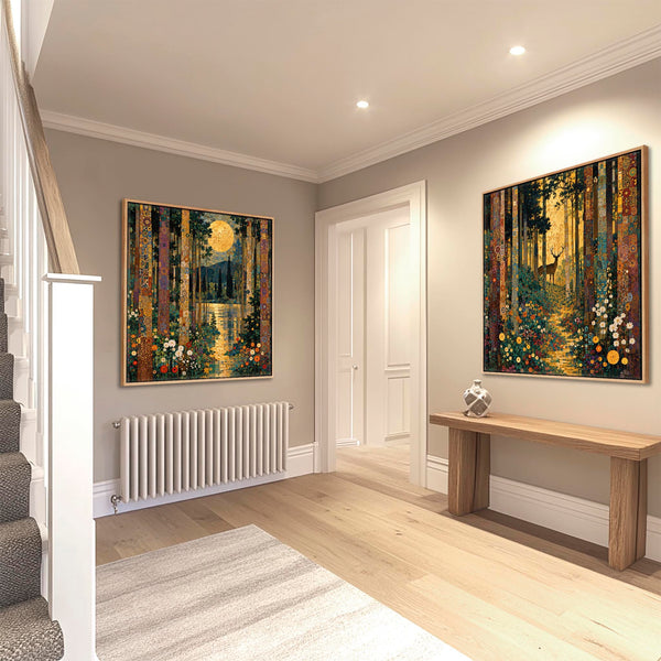 Set 2 Gustav Klimt inspired Framed Art Canvases Forest Pathway
