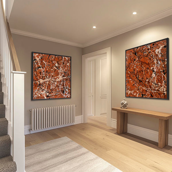 Large Jackson Pollock Style Pair 2 Framed XXL Canvases - Umber
