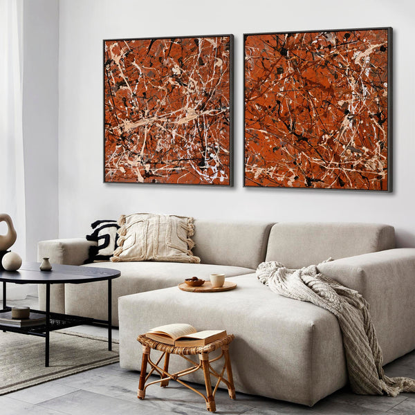 Large Jackson Pollock Style Pair 2 Framed XXL Canvases - Umber