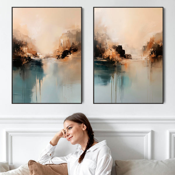Large Pair Abstract Canvas - Teal Moments - Set of 2 Framed