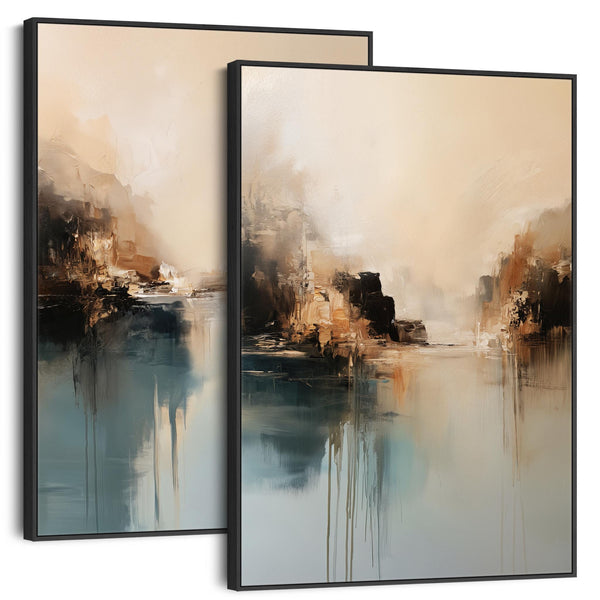 Large Pair Abstract Canvas - Teal Moments - Set of 2 Framed