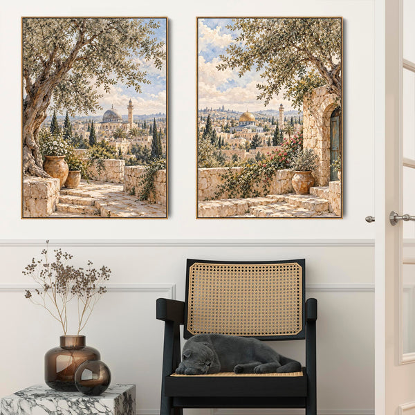 Pair Framed Islamic Canvases - Palestine Mosque Skyline Set 2