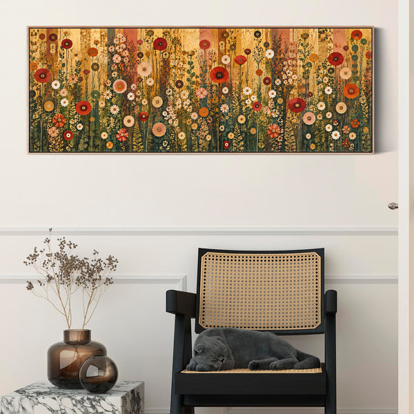 Wide Abstract Floral Gustav Klimt inspired Framed Long Canvas