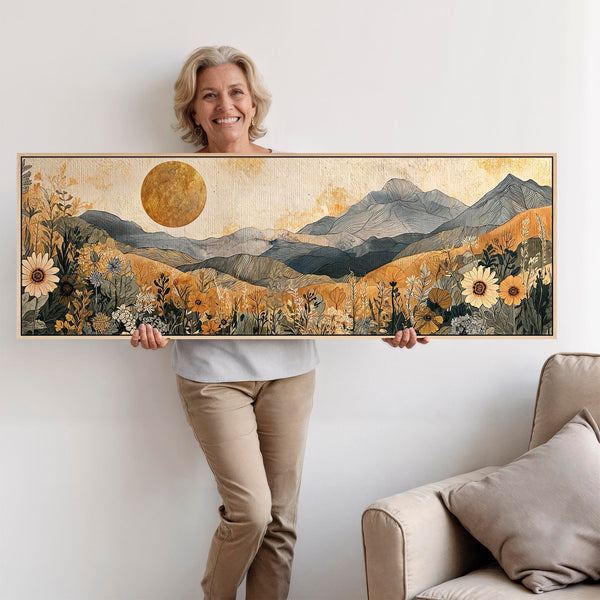 Wide Orange Grey Boho Landscape - Bedroom Framed Canvas Art