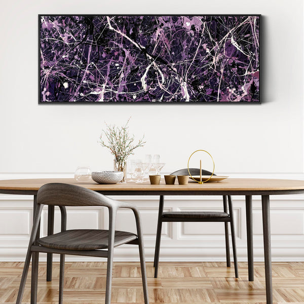 Wide Deep Purple Aubergine Framed Canvas Jackson Pollock Style