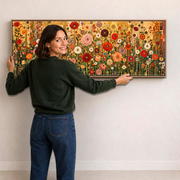 Wide Floral Gustav Klimt inspired Framed Bedroom Canvas Art