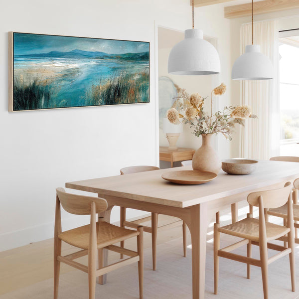 Wide Teal Blue Grey Framed Long Canvas Art Picture - Windswept