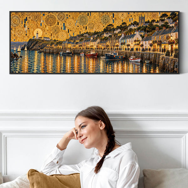 Wide Gustav Klimt inspired Long Wall Art Golden Cornish Harbour
