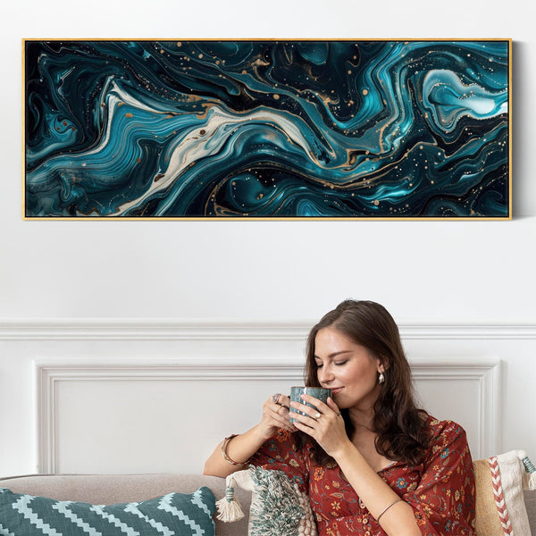 Horizontal Teal Blue Artwork Print Canvas Panoramic - Golden Streams