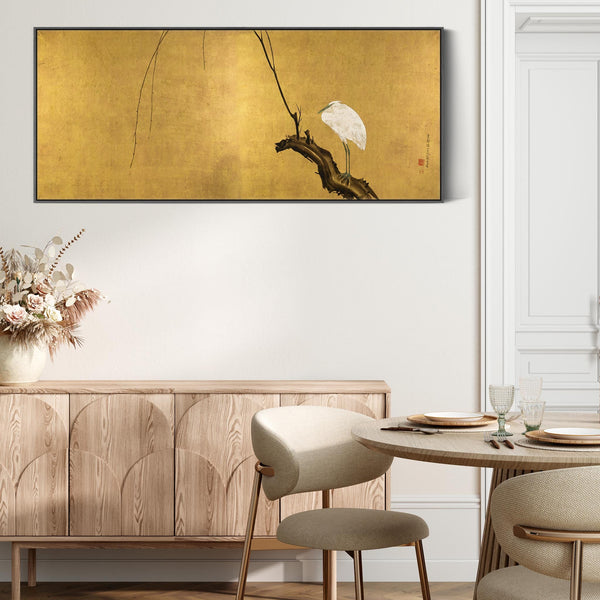 Mustard Yellow Japanese Framed Art Print Canvas Maruyama Okyo - Heron Willow Branch