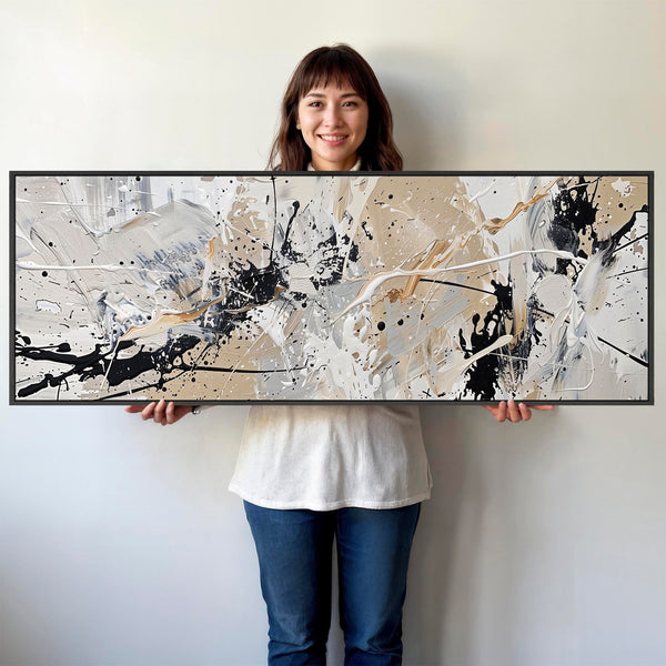 Neutral Black Jackson Pollock Style Wide Artwork Framed Horizontal Illusion