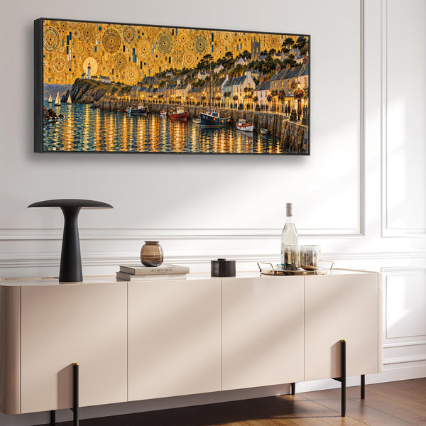 Wide Gustav Klimt inspired Long Wall Art Golden Cornish Harbour