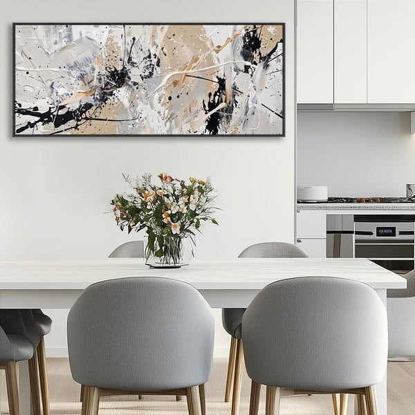 Neutral Black Jackson Pollock Style Wide Artwork Framed Horizontal Illusion