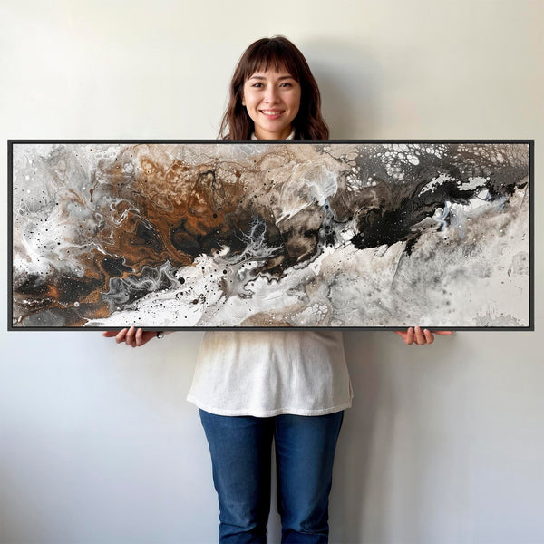 Wide Long Brown White Wall Art - Tempest - Framed Abstract Artwork