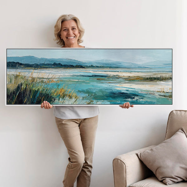 Wide Panoramic Irish Beach Landscape - Framed Teal Canvas Art