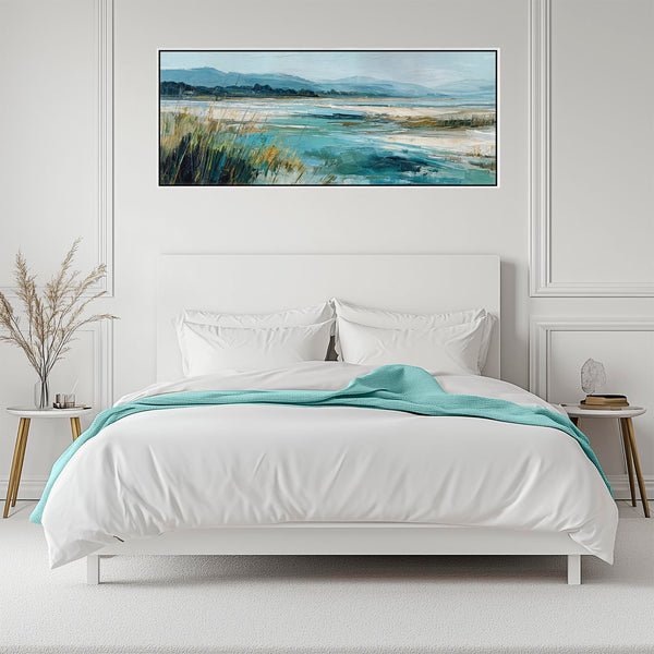 Wide Panoramic Irish Beach Landscape - Framed Teal Canvas Art