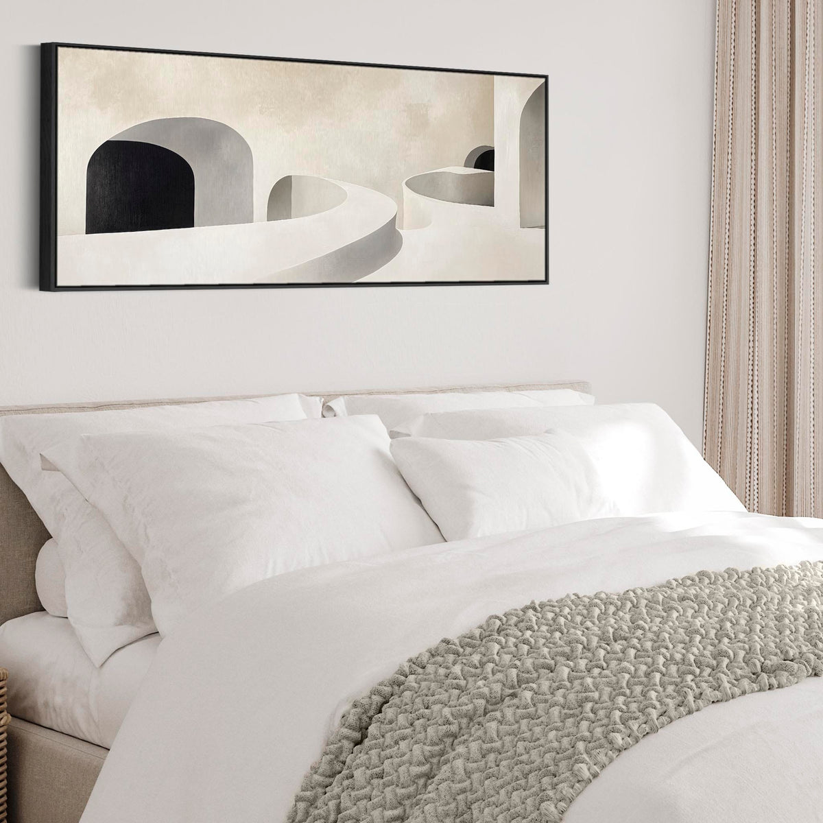 Modern Bedroom Wall Art over Bed Long Narrow Beige Black Panoramic ...