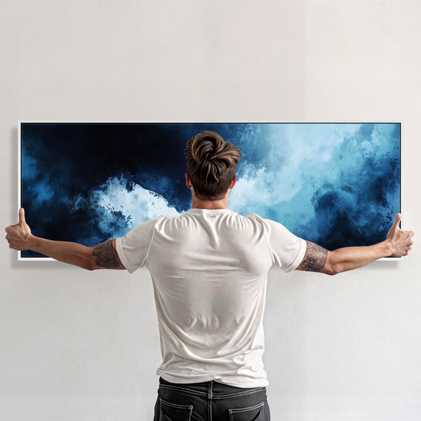 Blue White Abstract Framed Wall Art Print Panoramic - Mirage