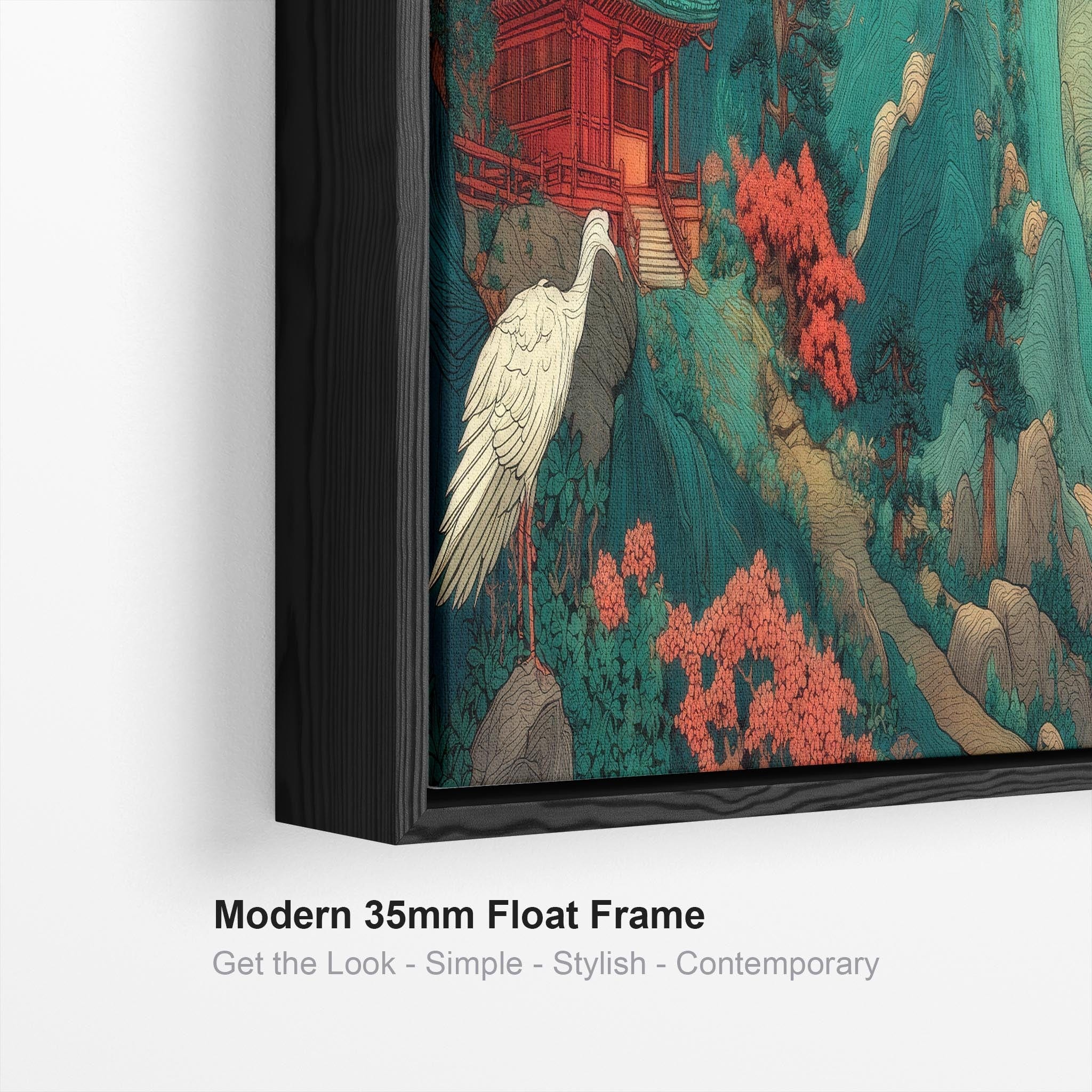 Wide Japanese Horizontal Framed Artwork - Terracotta Teal Mountain