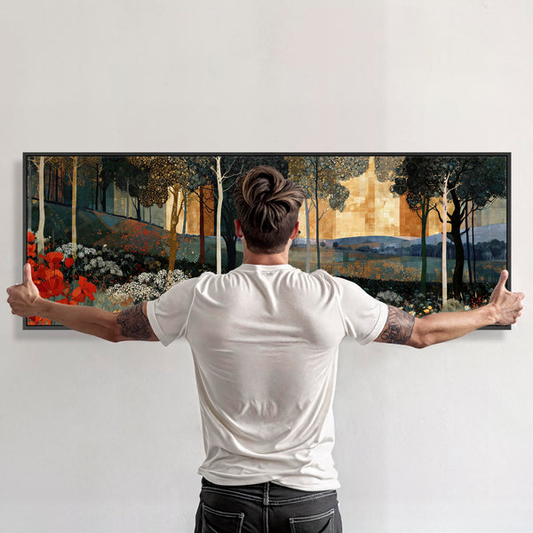 Wide Gustav Klimt inspired Framed Long Canvas Art - Poppy Hills
