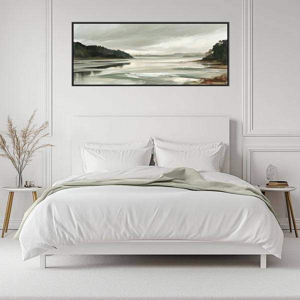 Wide Sage Green Grey Framed long Canvas Print - Alnmouth Drift