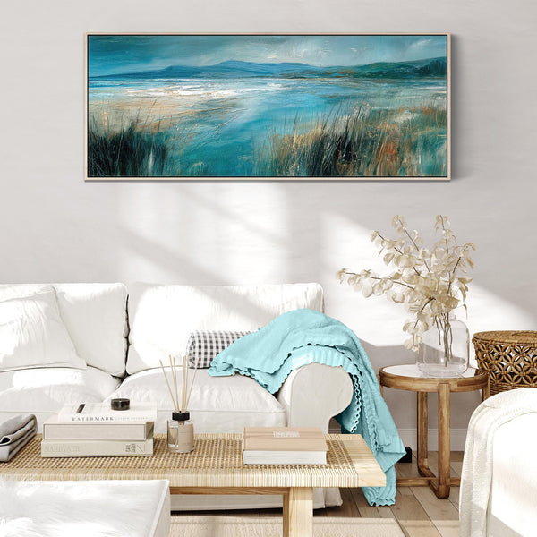 Wide Teal Blue Grey Framed Long Canvas Art Picture - Windswept